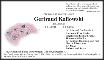 Traueranzeige von Gertraud Kaflowski von Aller Zeitung