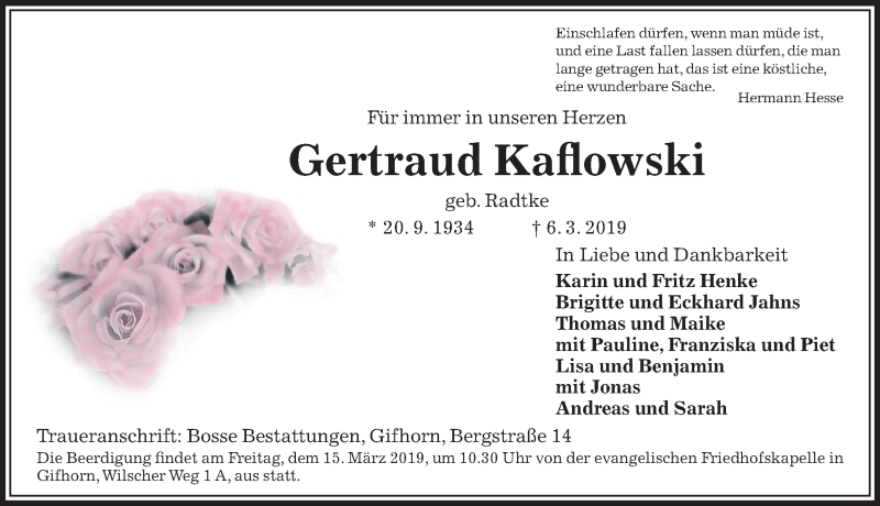  Traueranzeige für Gertraud Kaflowski vom 09.03.2019 aus Aller Zeitung