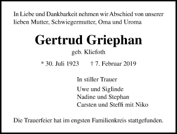 Traueranzeige von Gertrud Griephan von Lübecker Nachrichten