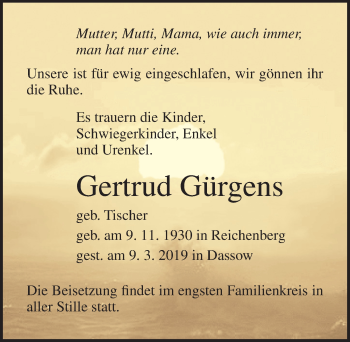 Traueranzeige von Gertrud Gärgens von Ostsee-Zeitung GmbH