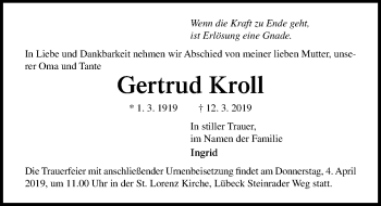 Traueranzeige von Gertrud Kroll von Lübecker Nachrichten