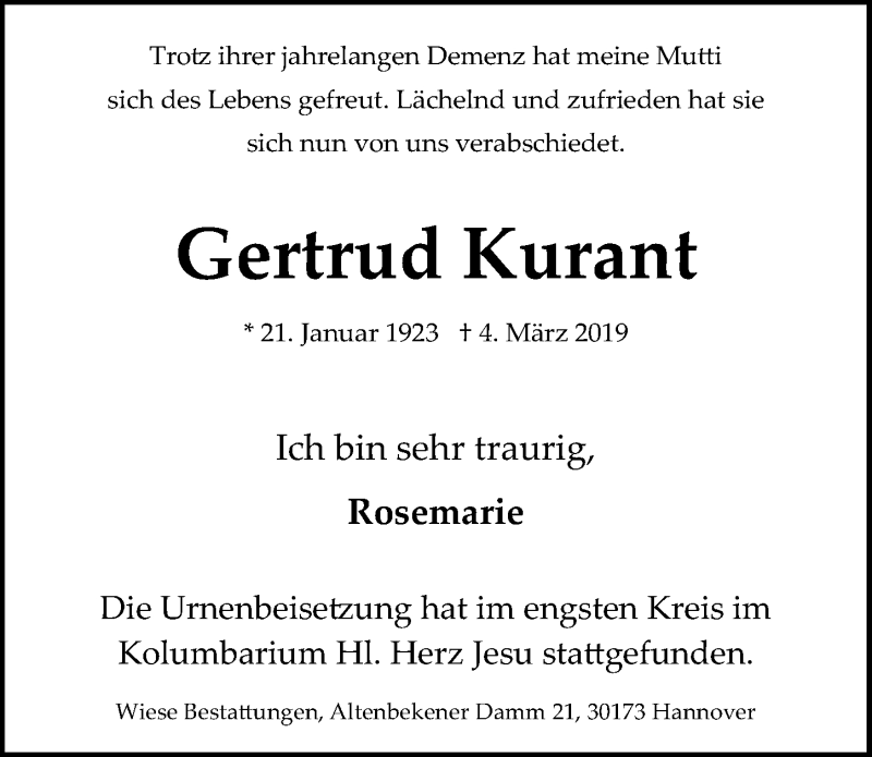  Traueranzeige für Gertrud Kurant vom 23.03.2019 aus Hannoversche Allgemeine Zeitung/Neue Presse