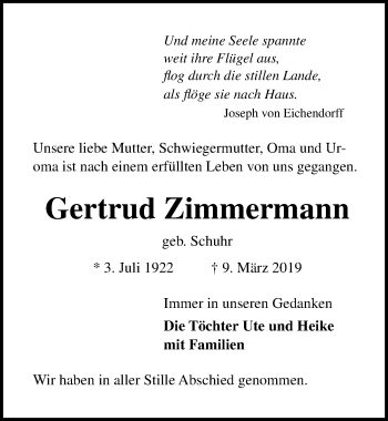 Traueranzeige von Gertrud Zimmermann von Lübecker Nachrichten