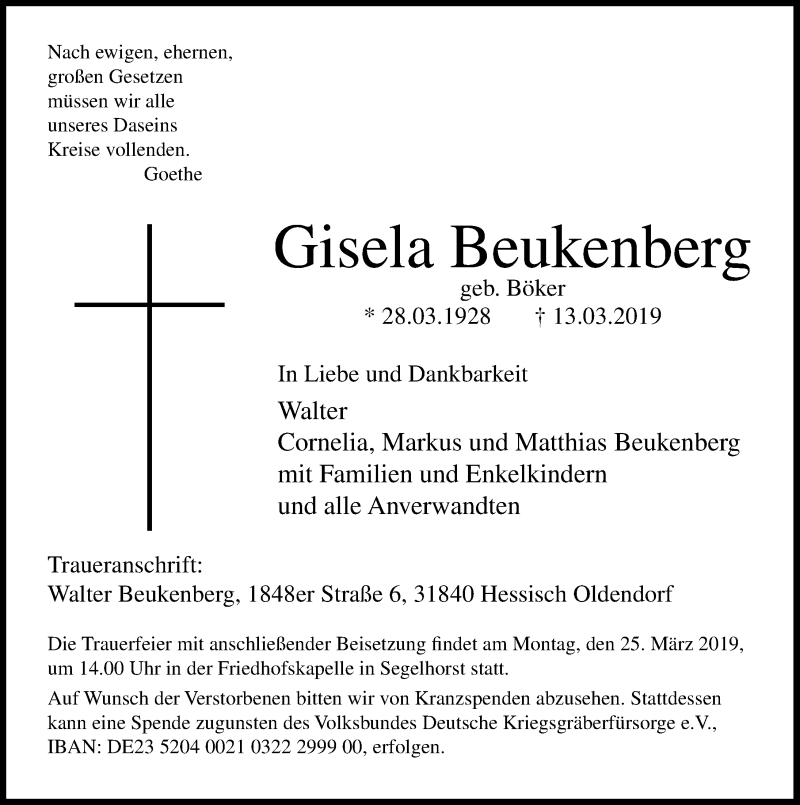  Traueranzeige für Gisela Beukenberg vom 20.03.2019 aus 