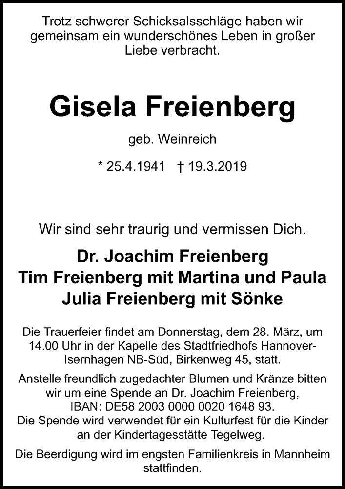  Traueranzeige für Gisela Freienberg vom 23.03.2019 aus Hannoversche Allgemeine Zeitung/Neue Presse