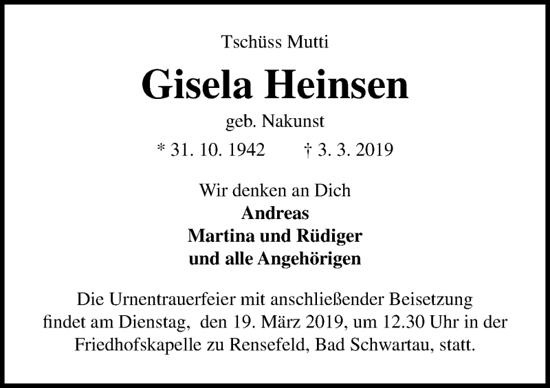  Traueranzeige für Gisela Heinsen vom 09.03.2019 aus Lübecker Nachrichten