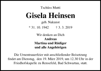 Traueranzeige von Gisela Heinsen von Lübecker Nachrichten