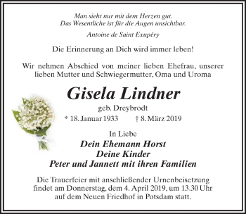 Traueranzeige von Gisela Lindner von Märkischen Allgemeine Zeitung