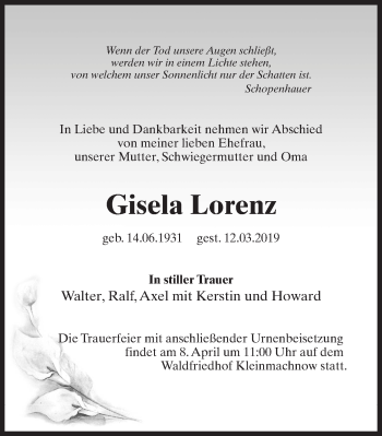 Traueranzeige von Gisela Lorenz von Märkischen Allgemeine Zeitung