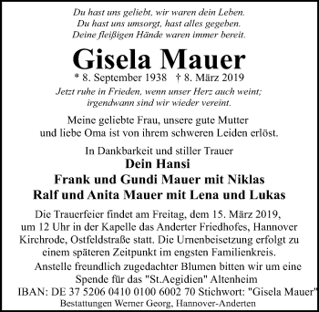 Traueranzeige von Gisela Mauer von Hannoversche Allgemeine Zeitung/Neue Presse