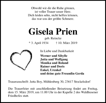 Traueranzeige von Gisela Prien von Lübecker Nachrichten