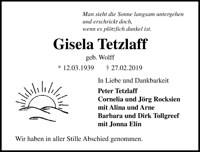  Traueranzeige für Gisela Tetzlaff vom 17.03.2019 aus Lübecker Nachrichten