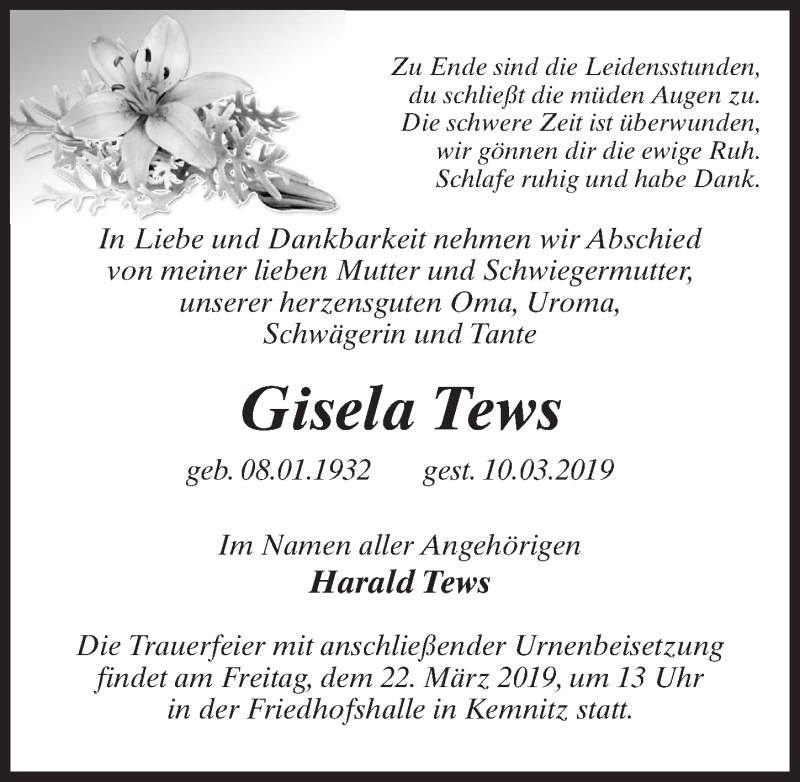  Traueranzeige für Gisela Tews vom 16.03.2019 aus Märkischen Allgemeine Zeitung