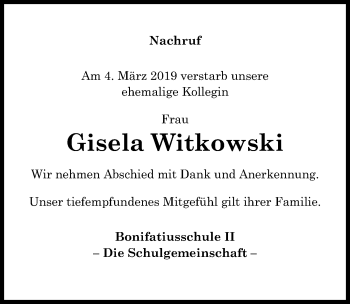 Traueranzeige von Gisela Witkowski von Göttinger Tageblatt