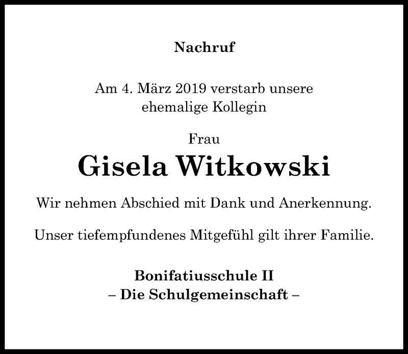  Traueranzeige für Gisela Witkowski vom 20.03.2019 aus Göttinger Tageblatt
