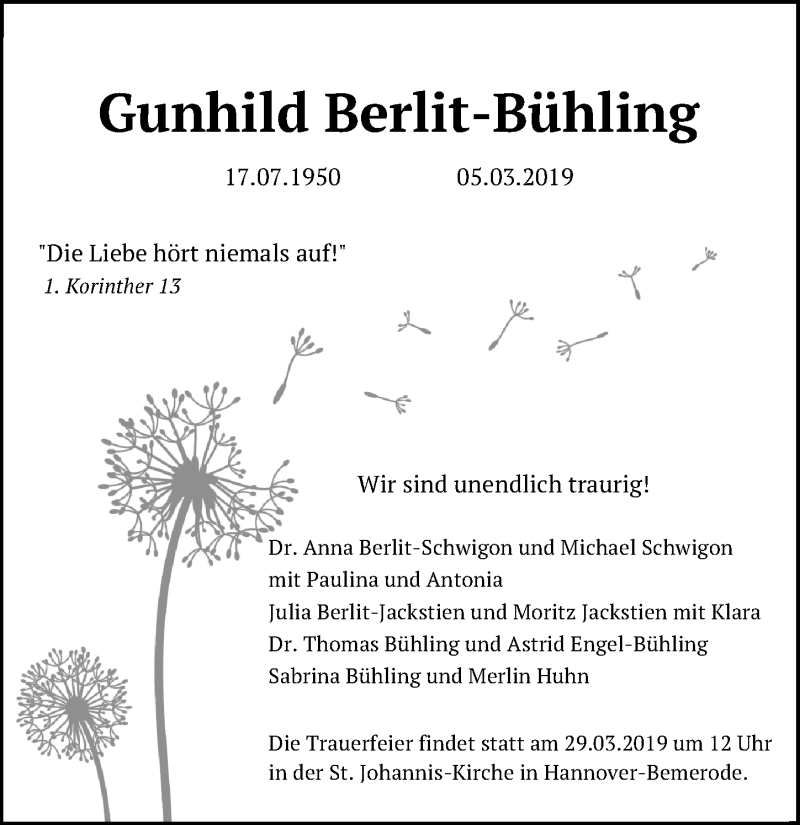  Traueranzeige für Gunhild Berlit-Bühling vom 09.03.2019 aus Hannoversche Allgemeine Zeitung/Neue Presse