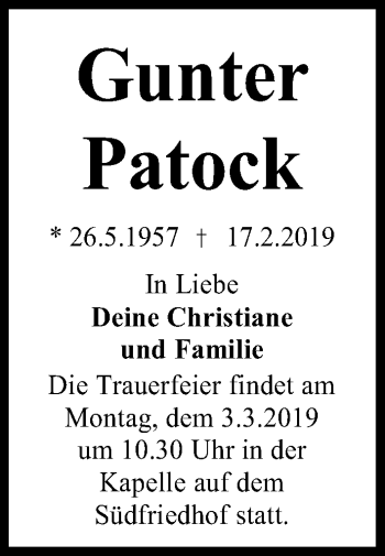Traueranzeige von Gunter Patock von Kieler Nachrichten