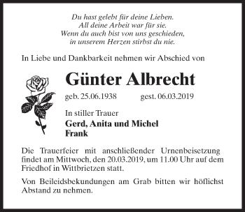 Traueranzeige von Günter Albrecht von Märkischen Allgemeine Zeitung