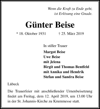 Traueranzeige von Günter Beise von Lübecker Nachrichten