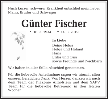 Traueranzeige von Günter Fischer von Kieler Nachrichten