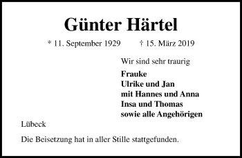 Traueranzeige von Günter Härtel von Lübecker Nachrichten
