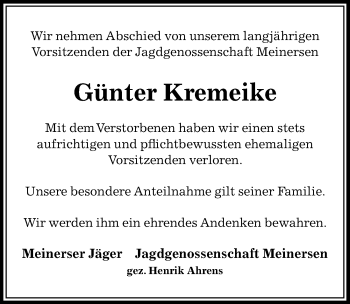 Traueranzeige von Günter Kremeike von Aller Zeitung