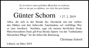 Traueranzeige von Günter Schorn von Lübecker Nachrichten