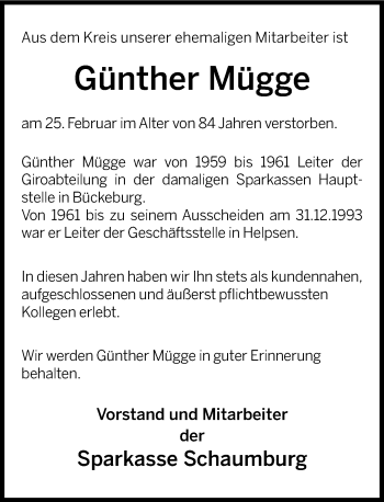Traueranzeige von Günther Mügge von Schaumburger Nachrichten