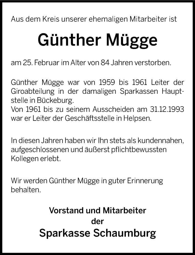  Traueranzeige für Günther Mügge vom 05.03.2019 aus 