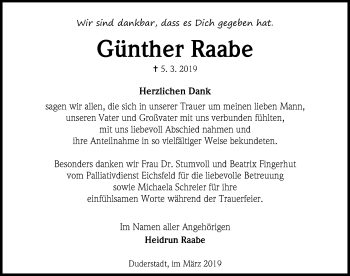 Traueranzeige von Günther Raabe von Eichsfelder Tageblatt