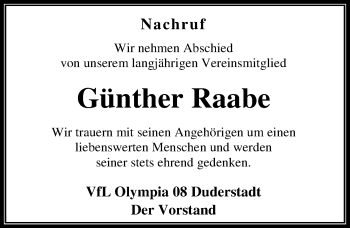 Traueranzeige von Günther Raabe von Eichsfelder Tageblatt
