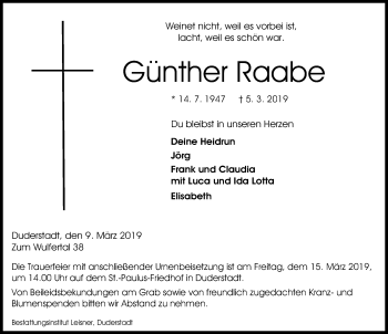 Traueranzeige von Günther Raabe von Eichsfelder Tageblatt