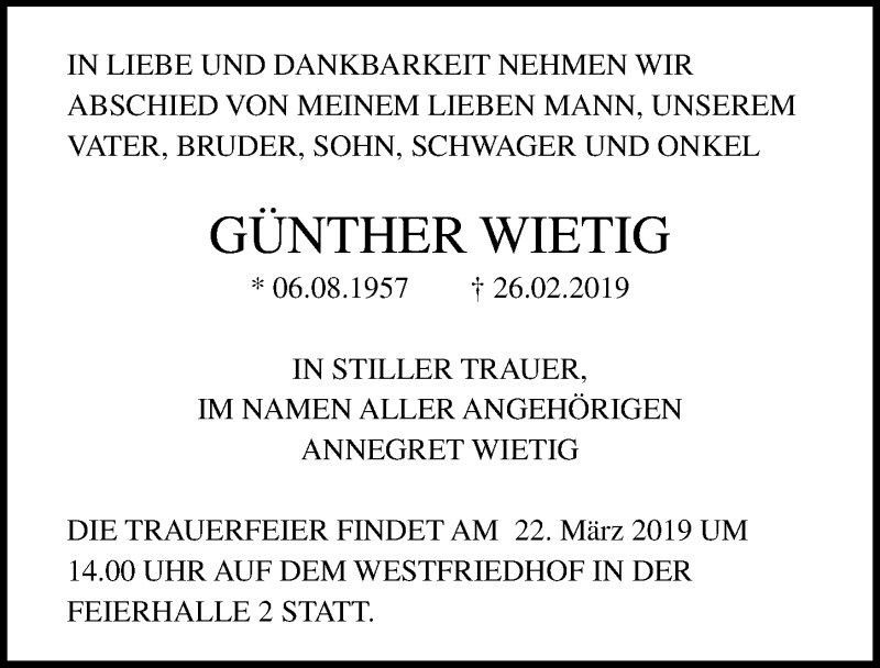  Traueranzeige für Günther Wietig vom 09.03.2019 aus Ostsee-Zeitung GmbH