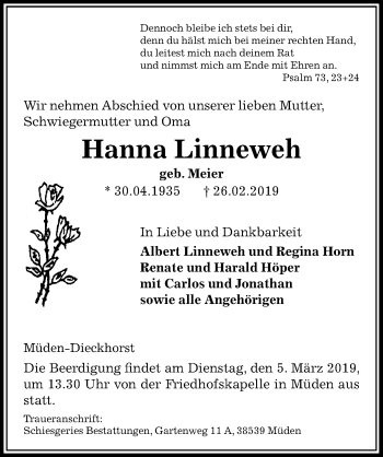 Traueranzeige von Hanna Linneweh von Aller Zeitung