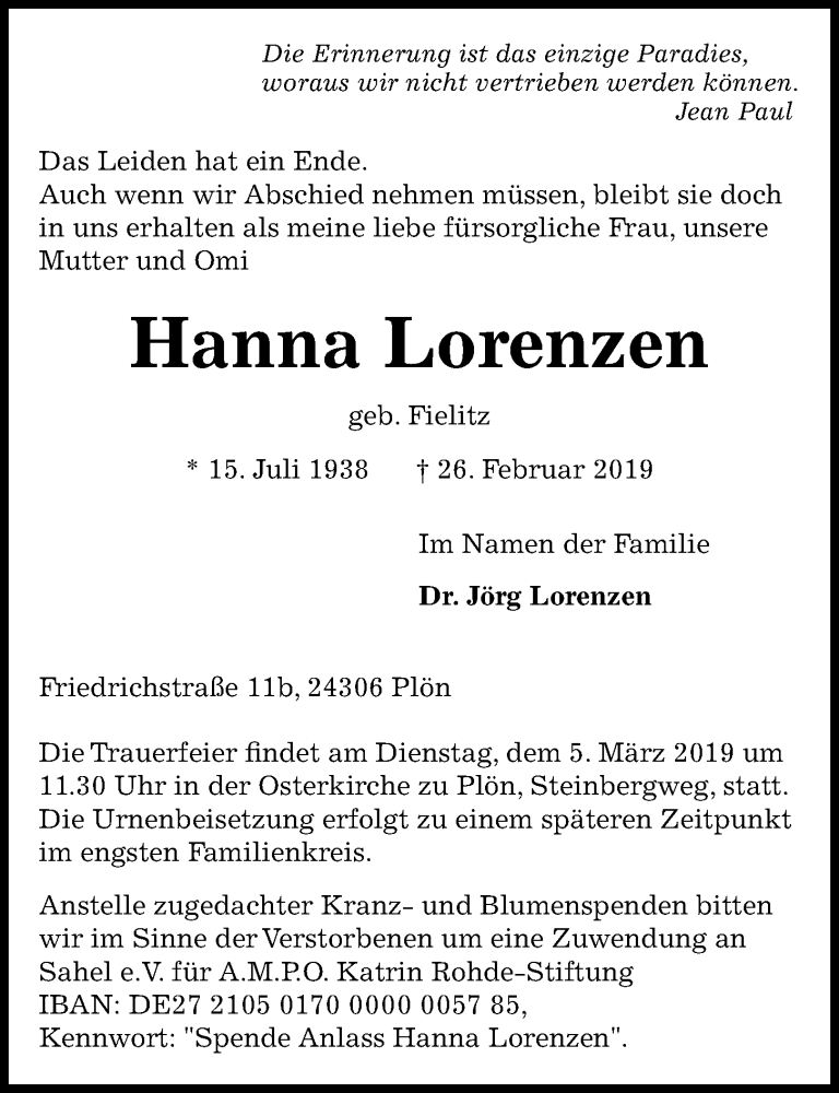  Traueranzeige für Hanna Lorenzen vom 02.03.2019 aus Kieler Nachrichten