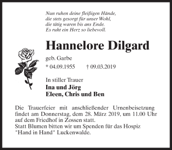 Traueranzeige von Hannelore Dilgard von Märkischen Allgemeine Zeitung