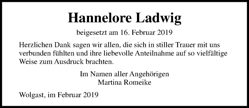  Traueranzeige für Hannelore Ladwig vom 23.02.2019 aus Ostsee-Zeitung GmbH