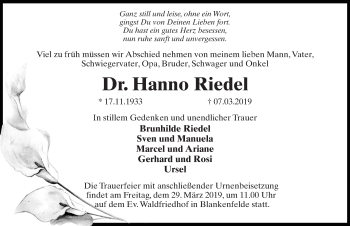 Traueranzeige von Hanno Riedel von Märkischen Allgemeine Zeitung