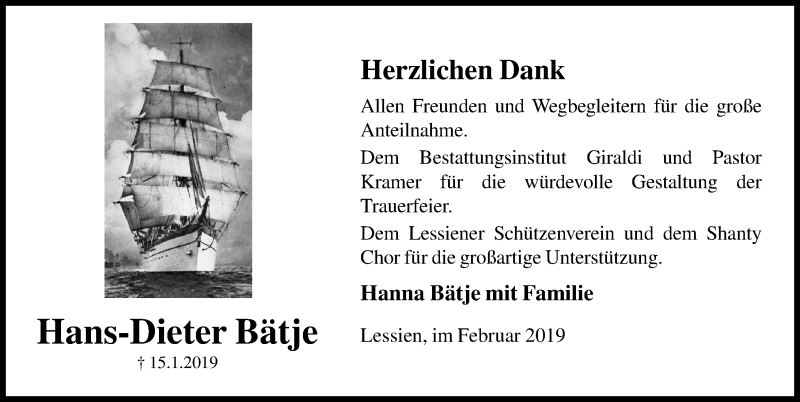  Traueranzeige für Hans-Dieter Bätje vom 16.02.2019 aus Aller Zeitung
