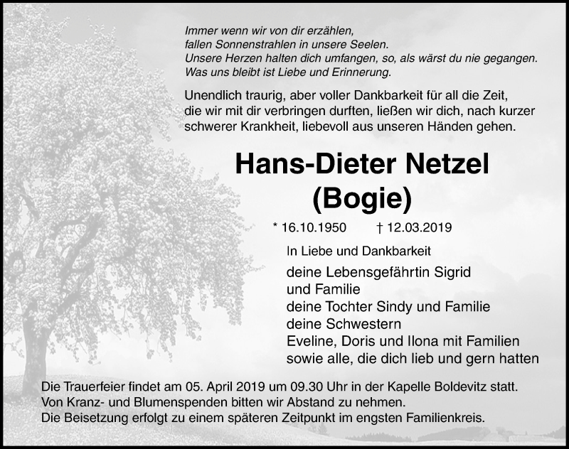  Traueranzeige für Hans-Dieter Netzel vom 16.03.2019 aus Ostsee-Zeitung GmbH