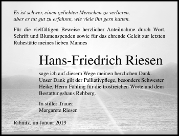 Traueranzeige von Hans-Friedrich Riesen von Ostsee-Zeitung GmbH