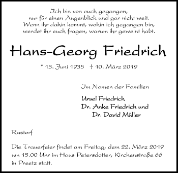 Traueranzeige von Hans-Georg Friedrich von Kieler Nachrichten