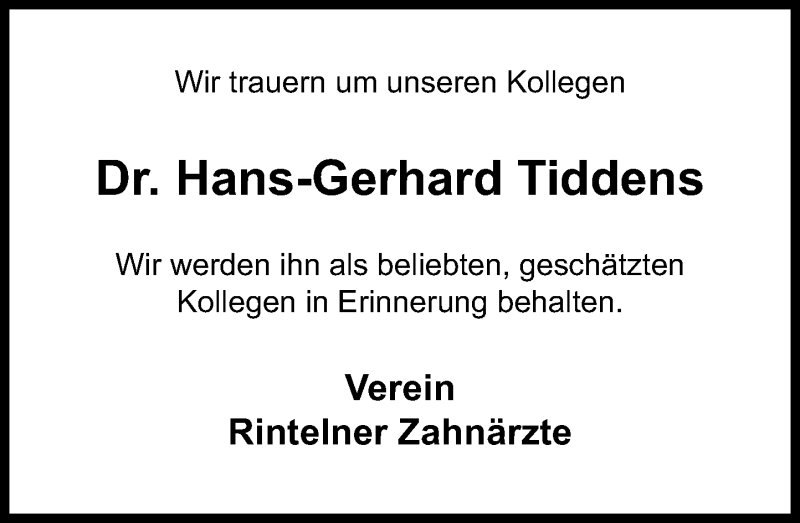  Traueranzeige für Hans-Gerhard Tiddens vom 30.03.2019 aus Schaumburger Nachrichten