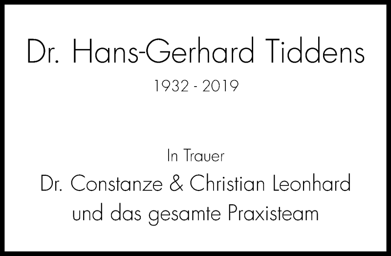  Traueranzeige für Hans-Gerhard Tiddens vom 23.03.2019 aus Schaumburger Nachrichten
