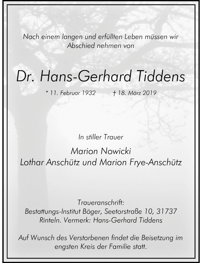  Traueranzeige für Hans-Gerhard Tiddens vom 23.03.2019 aus Schaumburger Nachrichten