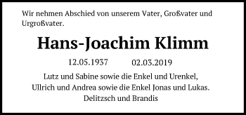 Traueranzeige von Hans-Joachim Klimm von Leipziger Volkszeitung
