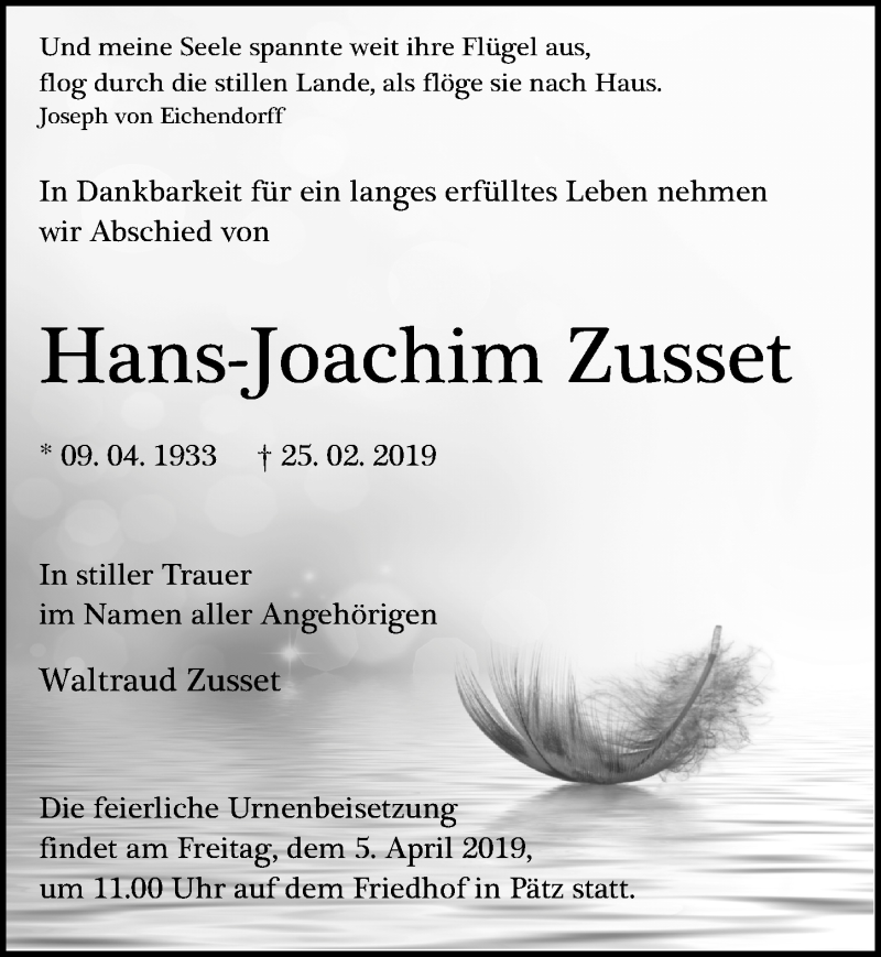  Traueranzeige für Hans-Joachim Zusset vom 09.03.2019 aus Märkischen Allgemeine Zeitung