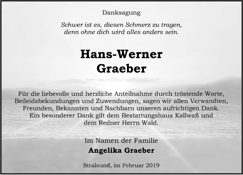  Traueranzeige für Hans-Werner Graeber vom 23.02.2019 aus Ostsee-Zeitung GmbH