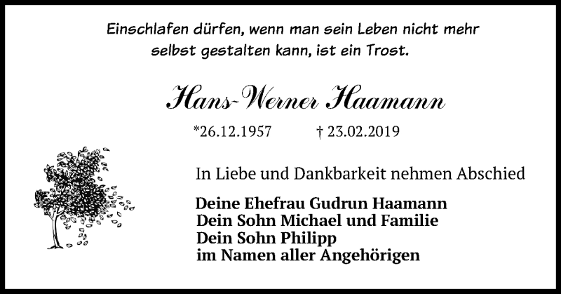  Traueranzeige für Hans-Werner Haamann vom 23.03.2019 aus Leipziger Volkszeitung