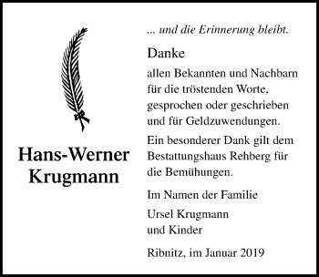 Traueranzeige von Hans-Werner Krugmann von Ostsee-Zeitung GmbH